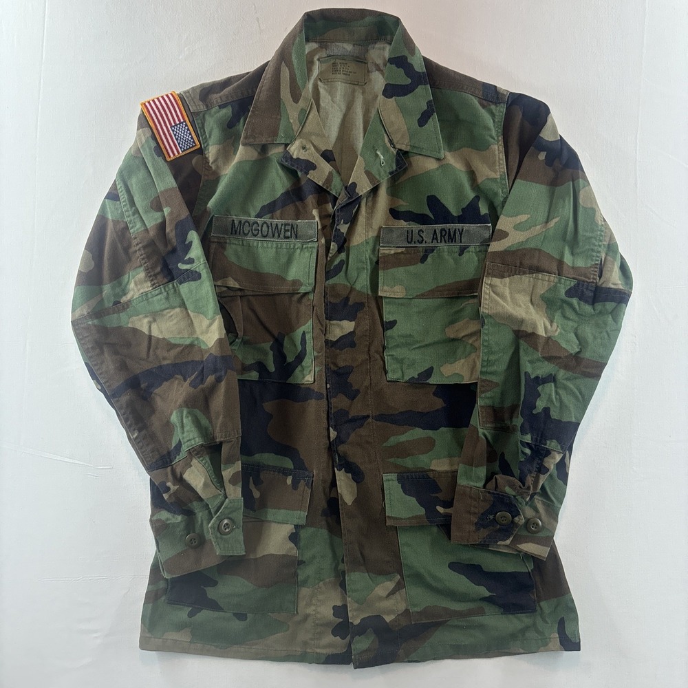 Lot Of 2US Army Woodland BDU Camo Combat Shirt Jacket Patches ~ Sz Small Regular
